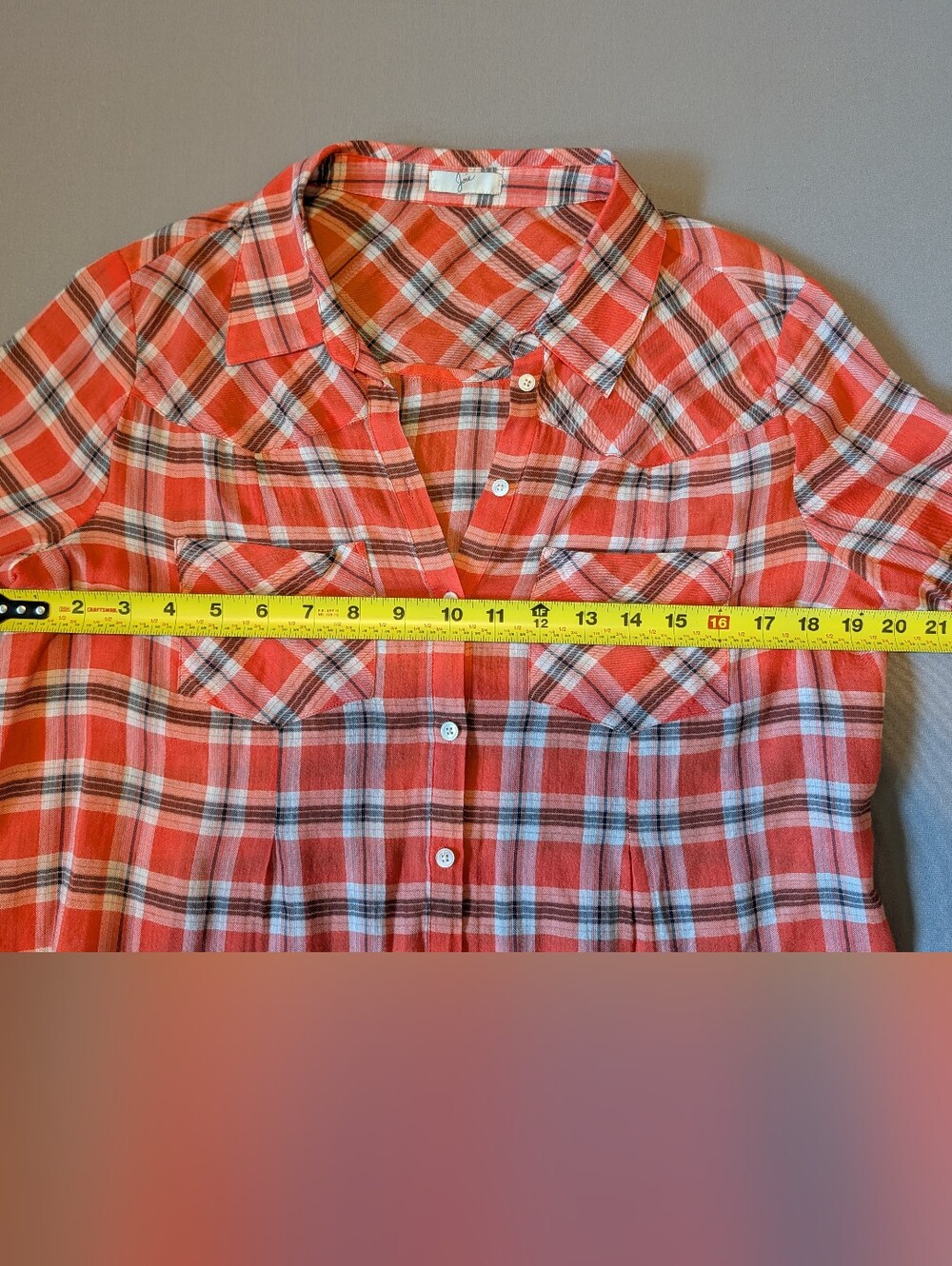 Joie Coral and White Plaid Button Down Top Small S Long Sleeves Casual Bright - Picture 8 of 10